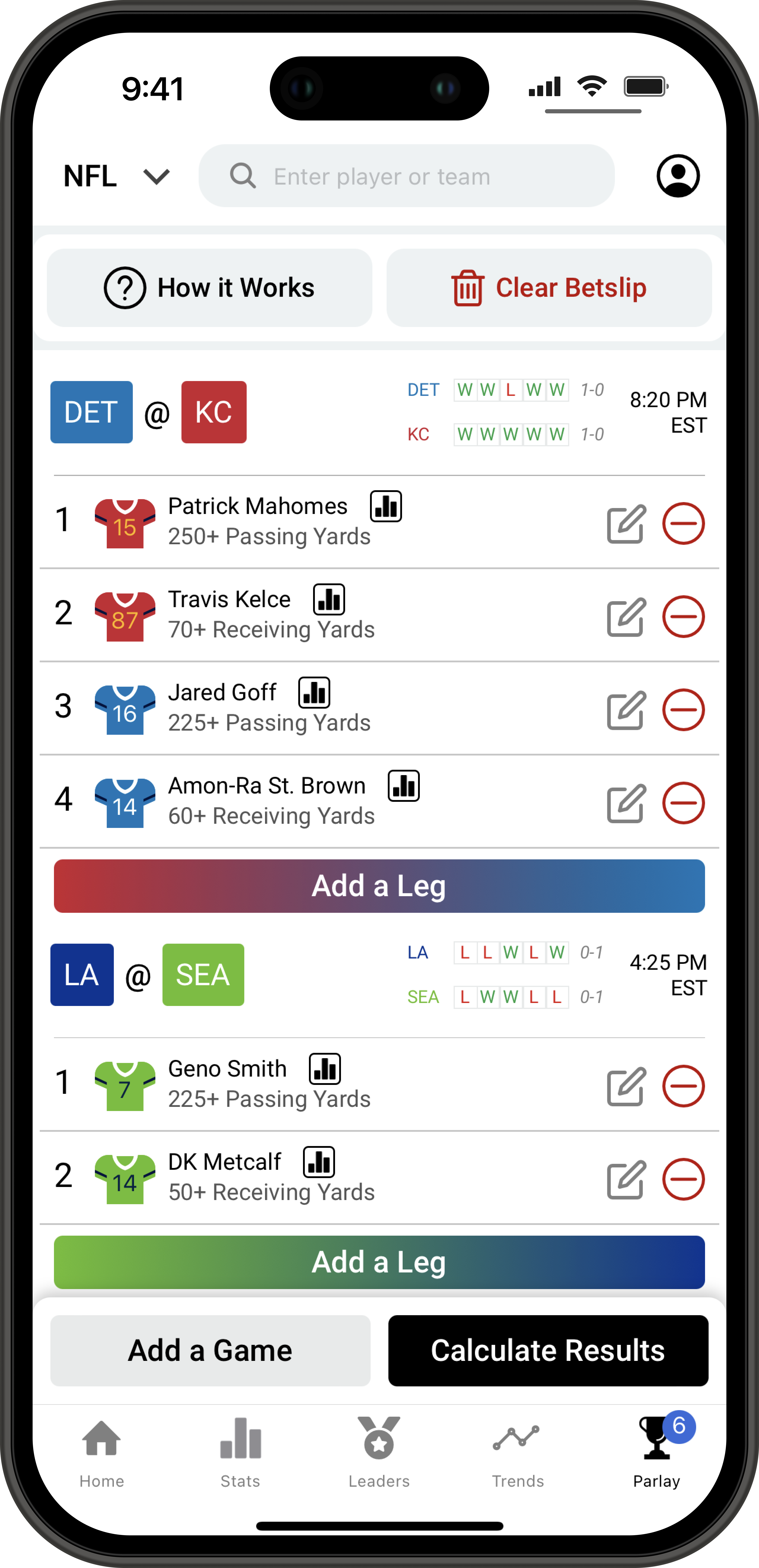 A mockup on an iPhone of the Hofbets platform, where a user is entering in parlays and picks on the NBA Parlay Optimizer.