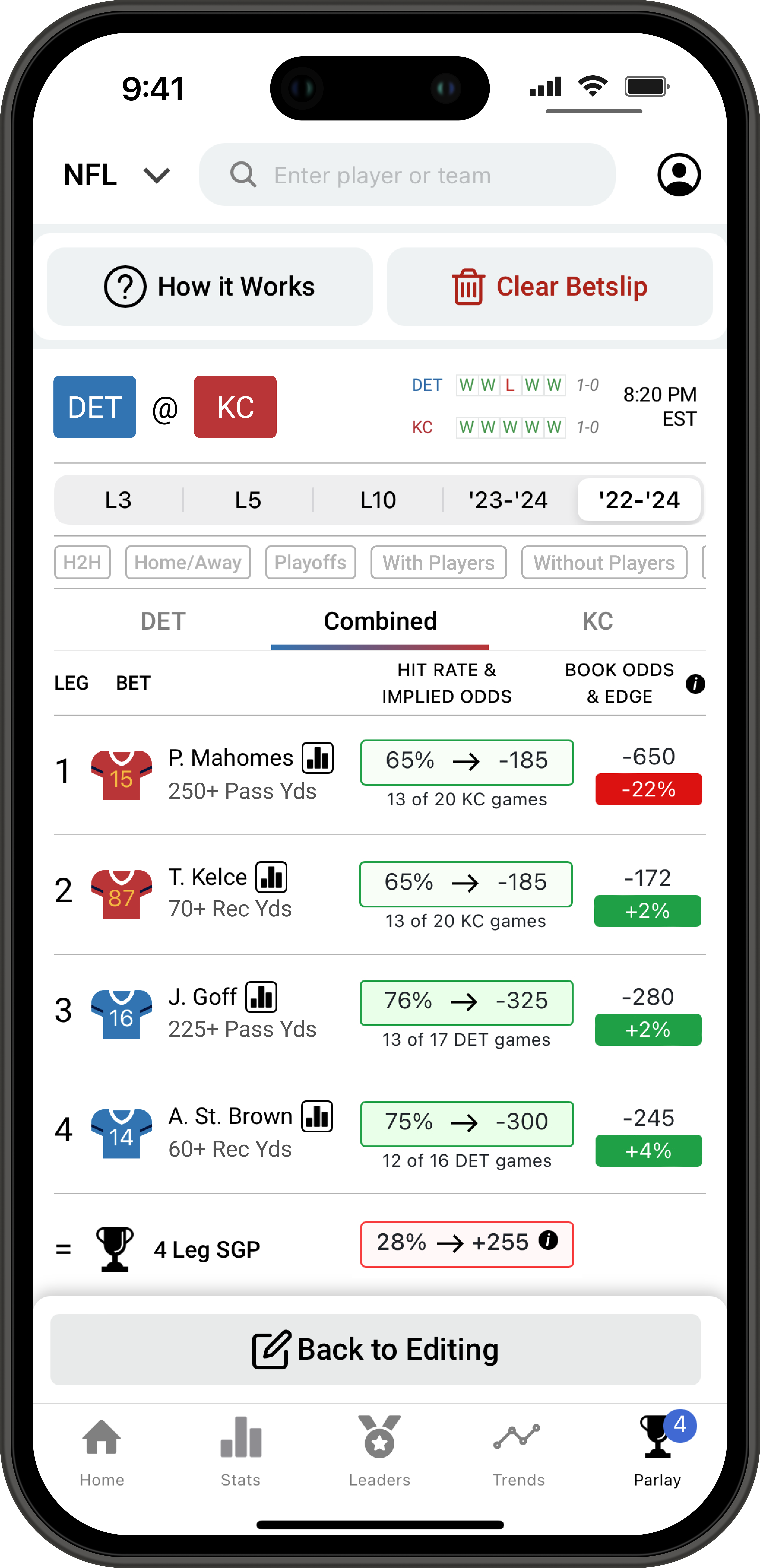 A mockup on an iPhone of a Hofbets user examining a same game parlay they calculated on the NBA Parlay Optimizer.