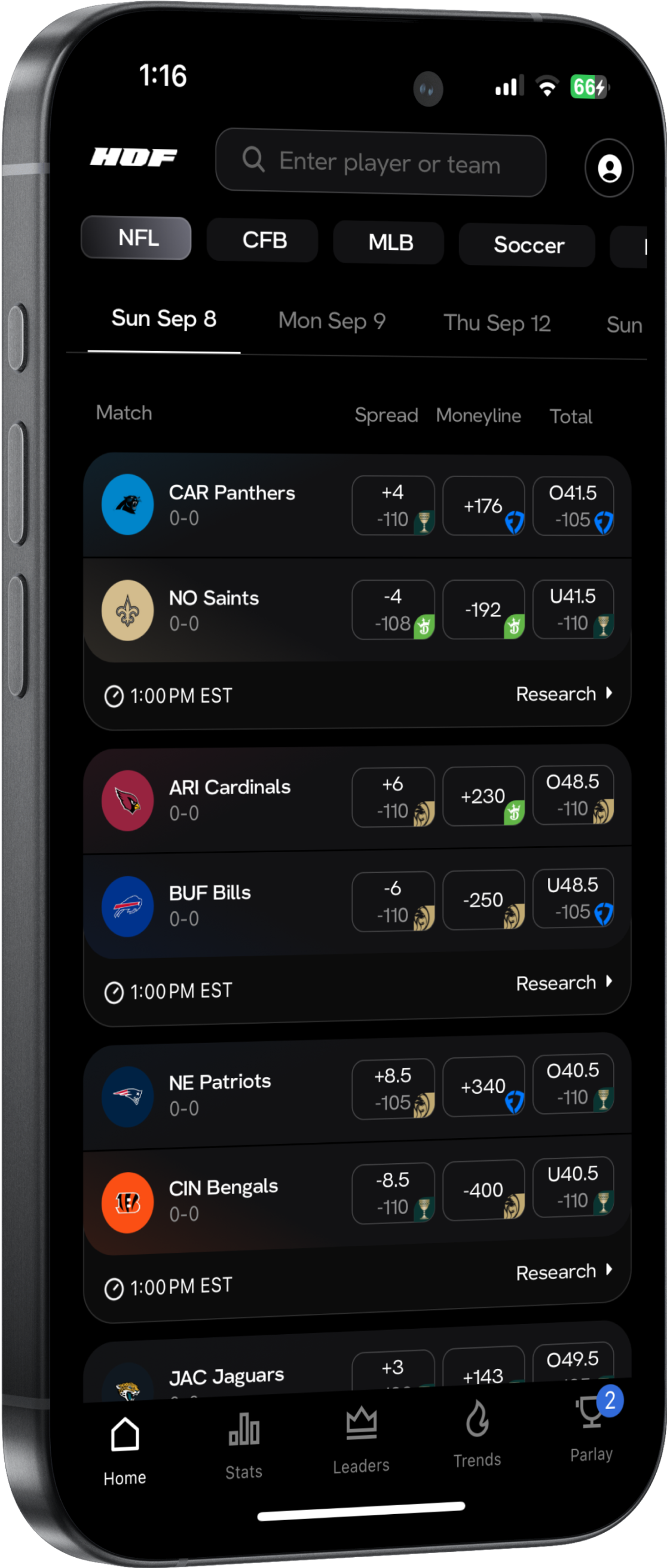 A mockup on an iPhone of a Hofbets user examining a same game parlay they calculated on the NBA Parlay Optimizer.